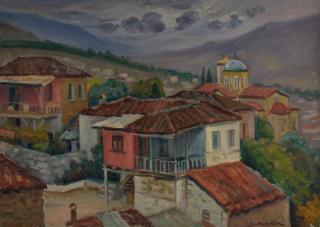Livadia, View of Houses and Church with Clouds — Oil painting, Canvas, 50.00×65.90cm — Theodoros Markellos